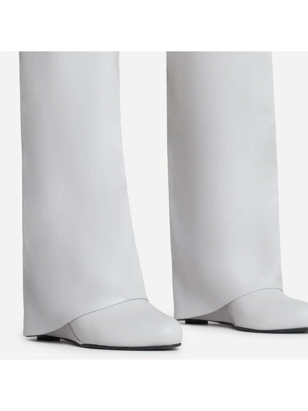 Women's White Fold Over Wide Calf Wedge Heel Knee High With Decorative Lock Boot